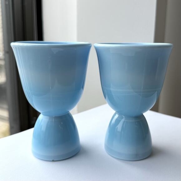 McKee Glass Chalaine Delphite Robin Egg Blue Double Egg Cups Set Of 2 - Picture 1 of 10